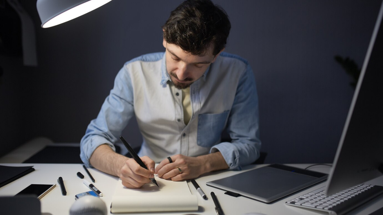 Person working on a creative project with a sketchbook and graphics tablet under a desk lamp.