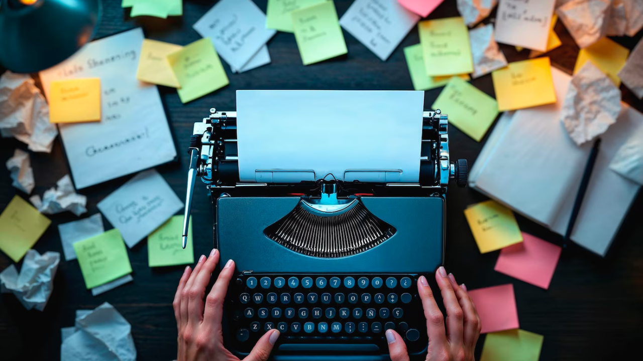 Creative writing process depicted with a typewriter, sticky notes, and discarded paper.