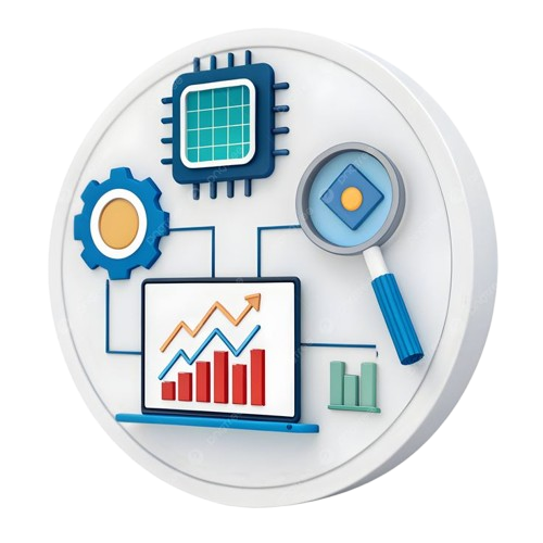 3D illustration featuring a laptop with graphs, a magnifying glass, gears, and a microchip, symbolizing data analysis and technology