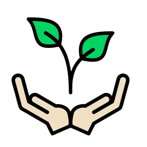 Icon representing environmental care, featuring two hands supporting a small plant with two green leaves.