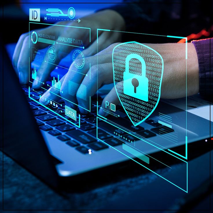 Close-up of a person typing on a laptop with digital security icons and data analysis graphics floating around, symbolizing cybersecurity.