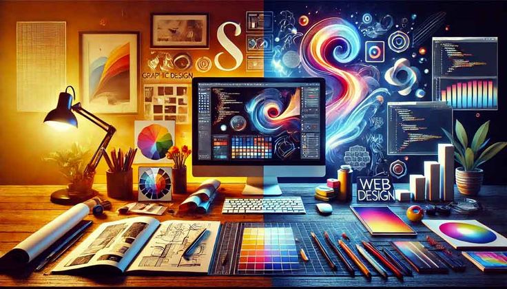 A dynamic, split-screen image contrasting graphic design and web design, with one side showcasing creative design elements like abstract shapes and typography, and the other
