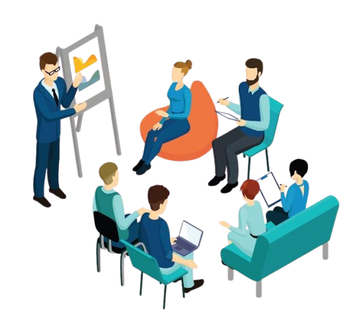 Group meeting where a presenter shares information using a poster board, with participants seated on chairs and couches, some using laptops and tablets.