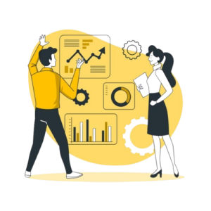 Two professionals discussing data analytics with graphs and charts in the background.