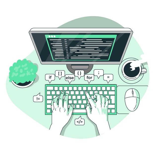 Illustration of hands typing on a keyboard with coding symbols and a computer screen displaying code, symbolizing programming.