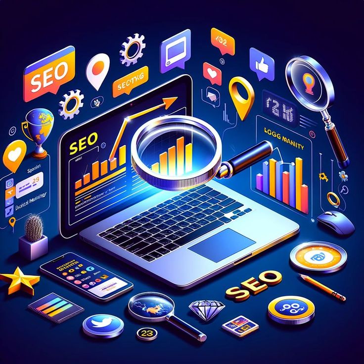 Illustration of SEO tools, charts, and digital marketing icons around a laptop, highlighting search engine optimization strategies.