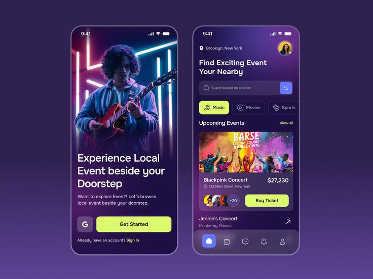 Mobile app interface showcasing local events with a concert image and event details, designed in vibrant colors.