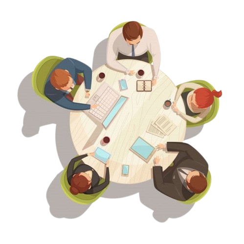 An overhead view of a business meeting with five people sitting around a round table, working on laptops and discussing ideas.