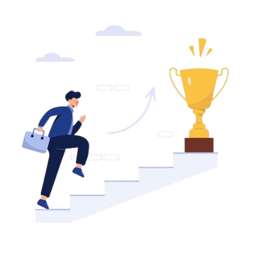 A man in a blue suit climbs stairs towards a golden trophy symbolizing success and achievement, with clouds in the background.