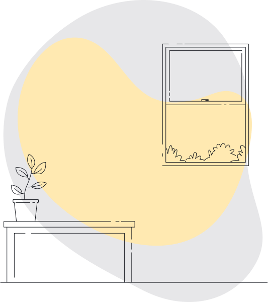 Abstract illustration with a cozy indoor scene featuring a window and a plant.