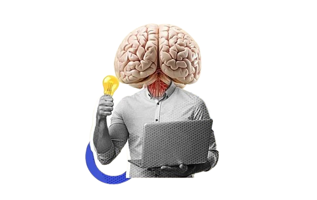 Creative illustration of a person with a brain as a head, holding a lightbulb and a laptop, symbolizing innovation and ideas.
