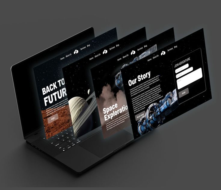 Laptop displaying multiple futuristic web pages with space exploration and science fiction themes.
