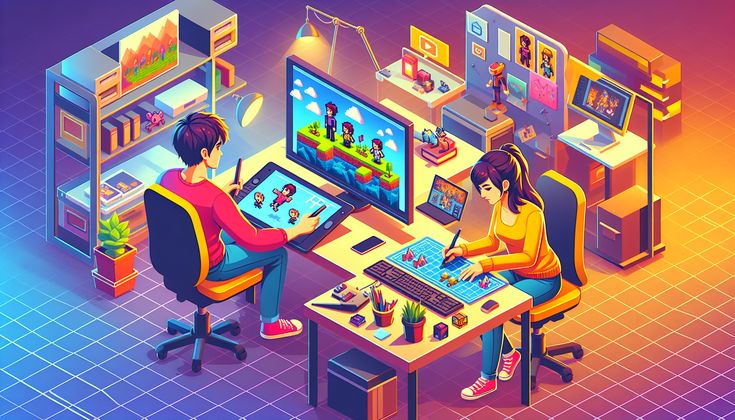 An isometric illustration depicting two game developers working at their desks, surrounded by various screens, design tools, and gaming-related items
