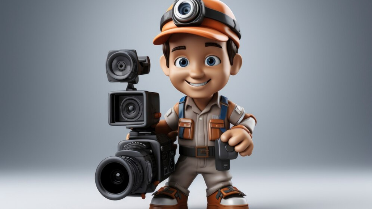 3D cartoon character in explorer outfit holding a professional video camera, smiling with a headlamp and camera gear.