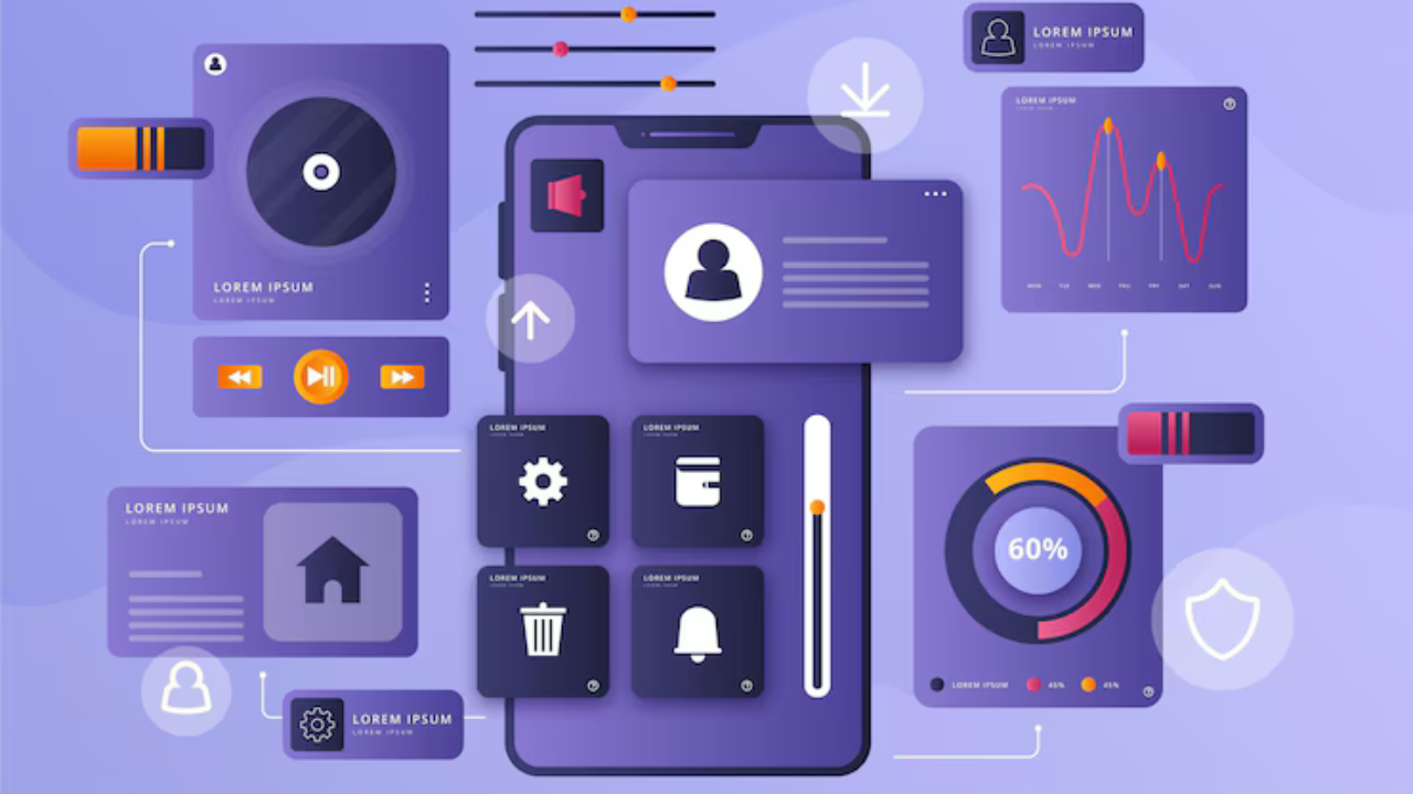 Modern purple UI/UX design concept with smartphone interface, charts, icons, and dashboard elements.