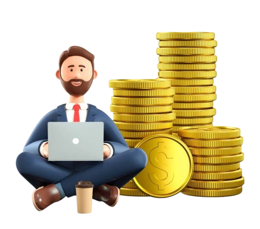 3D animated character of a businessman sitting cross-legged with a laptop, surrounded by stacks of gold coins.