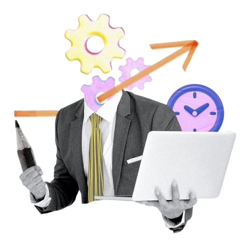 Creative illustration of a person with gears and an arrow as a head, holding a laptop and a pen, symbolizing productivity and efficiency.
