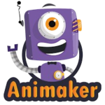 Animaker logo featuring a friendly, purple, cyclops robot character