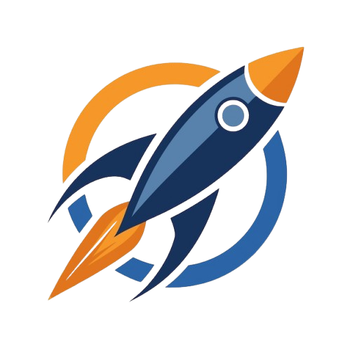 A sleek, minimalist rocket icon soaring upwards with orange flames, featuring a blue circular