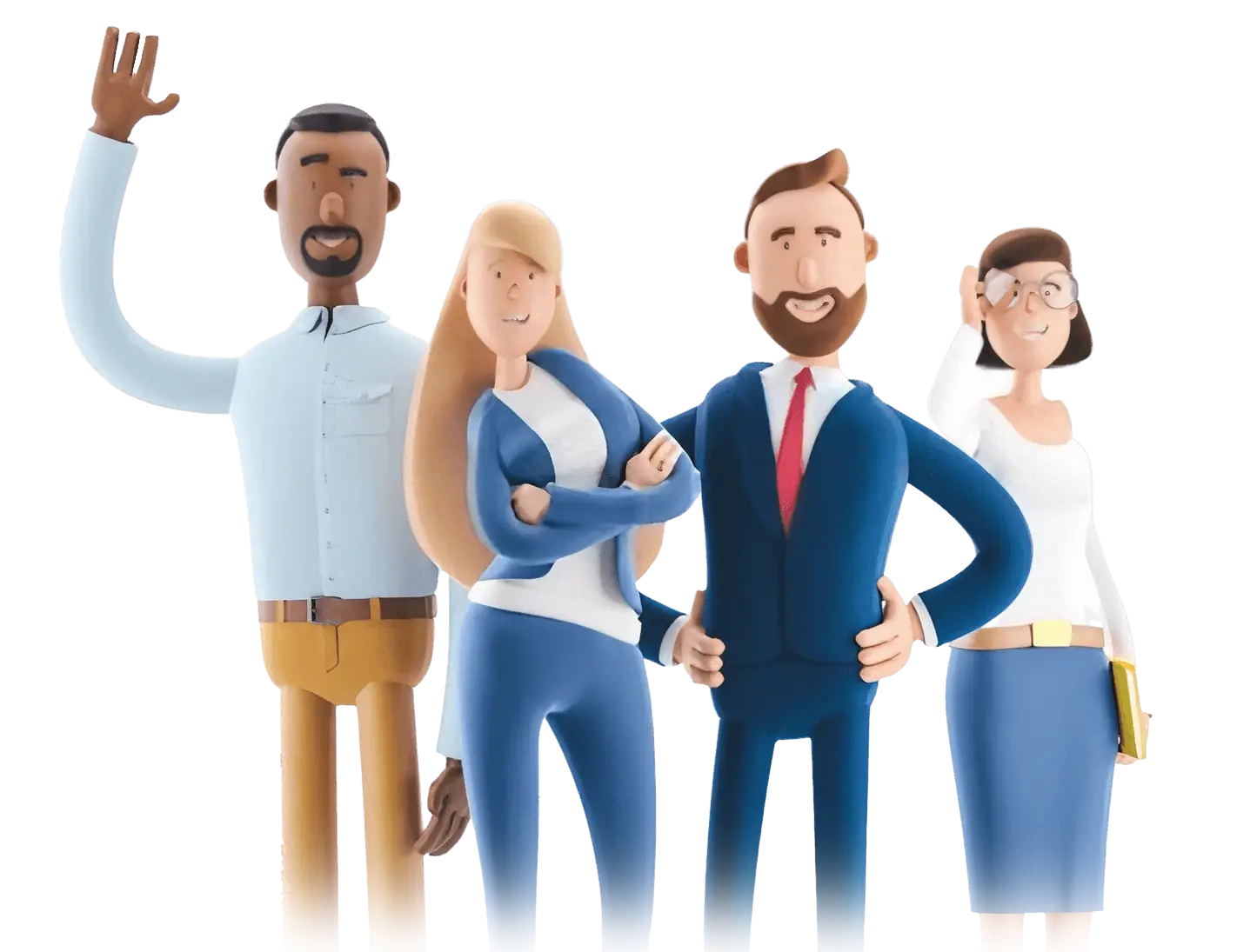 3D illustration of a diverse business team smiling and standing together.
